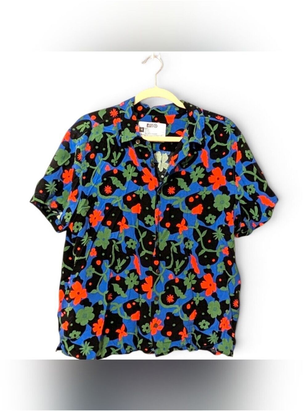 Target Black Floral Button-Down Shirt Blue Green Red Accents